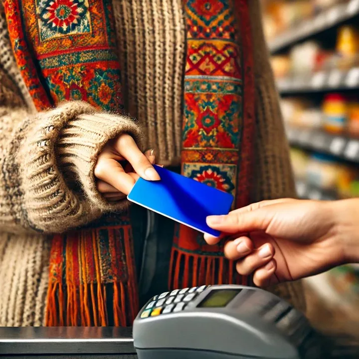 Handing a BluBank card to the cashier